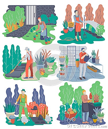 Gardeners set. Men working in the garden. People with plants and tools work outdoor and in the greenhouse. Vector Illustration