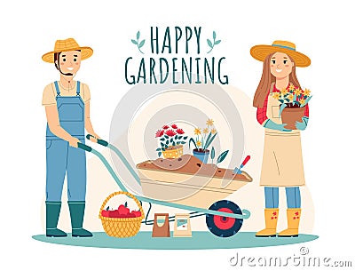Gardeners with tools. Family couple garden workers, happy man and woman, wheelbarrow with earth and flower seedlings Vector Illustration