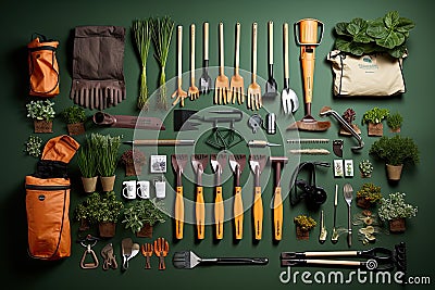 Gardeners tools and seed packets on green background. Generative AI. Stock Photo