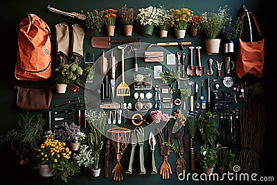 Gardeners tools and seed packets on green background. Generative AI. Stock Photo