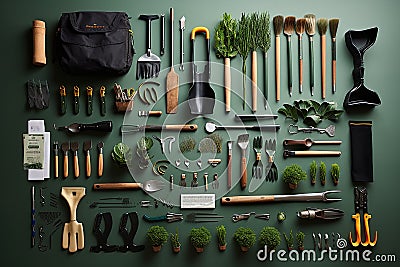 Gardeners tools and seed packets on green background. Generative AI. Stock Photo