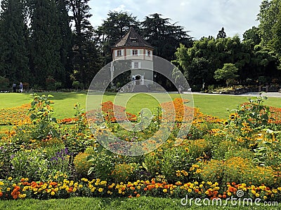 Gardeners Tower or Gartnerturm oder Gaertnerturm, Flower Island Mainau on the Lake Constance or Die Blumeninsel im Bodensee Stock Photo