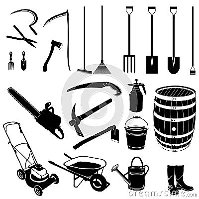 Set of farming and gardening tools silhouette Vector Illustration