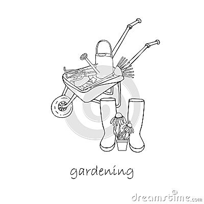 Gardening banner. Monochrome hand drawn graphic art design wheelbarrow, rake, shovel, watering, ruber buts, flower Vector Illustration