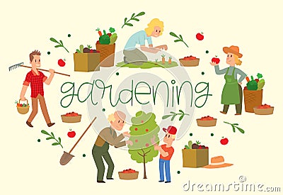 Gardening banner vector illustration. Equipment for land such as rake, shovel, bucket. Farmer picking fruit and Vector Illustration