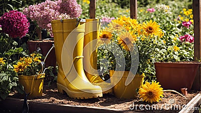 Gardening boots, flower equipment the floral natural occupation gardening botany cultivate equipment Stock Photo