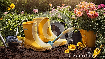 Gardening boots, flower equipment the floral season occupation gardening botany cultivate equipment Stock Photo