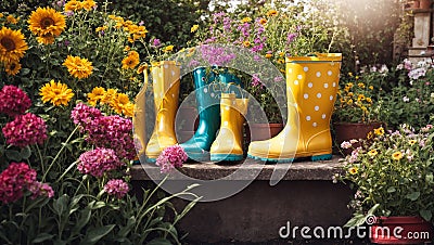 Gardening boots, flower pots the floral natural occupation gardening botany cultivate equipment Stock Photo