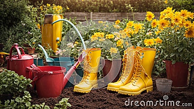 Gardening boots, flower equipment the floral growing occupation gardening botany cultivate equipment Stock Photo
