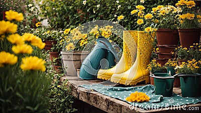 Gardening boots, flower pots the garden summer gardening outdoors cultivate equipment Stock Photo