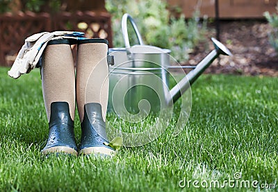 Gardening Boots on Lawn Stock Photo