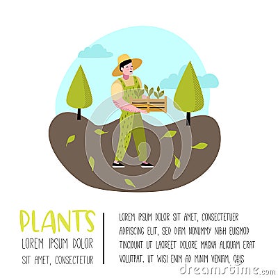 Gardening Cartoons Poster. Funny Simple Characters with Plants and Trees. Man Gardener Vector Illustration
