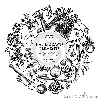 Gardening circle design. Hand drawn watering can, apples, cherry, rose, pears, shovel, rake, secateurs, chamomile Vector Illustration