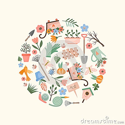 Gardening circle. summer elements in round form vector stylized background Vector Illustration