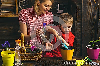 Gardening concept. Little child help mother planting flower in pot with gardening tool. Organic gardening. Gardening is Stock Photo