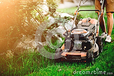 Gardening details, industrial gardener using lawnmower and cutting grass Stock Photo