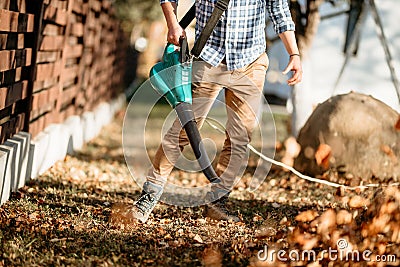 Gardening - professional landscaper using leaf blower Stock Photo