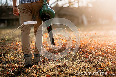 Gardening details, working man using leaf blower in garden Stock Photo