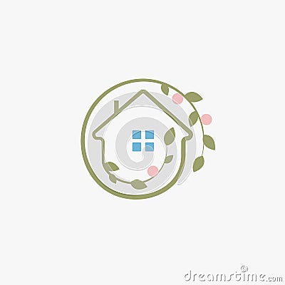 Gardening elegant logo landscape design logotype, chalet abstract icon. Leaves and fruit around house farming, eco house Vector Illustration