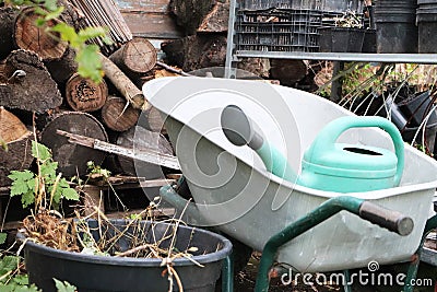 Gardening equipment: cart, watering can, crates, fertilizers and flowers Stock Photo