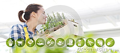 Gardening equipment e-commerce icons, smiling woman smell aromatic spice herbs on white background, spring garden Stock Photo