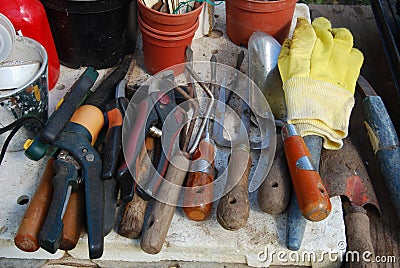 Gardening equipment tools Stock Photo