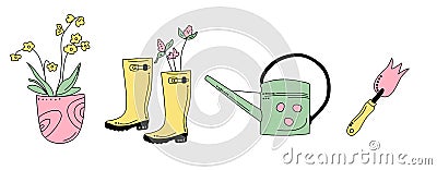 Gardening equipment and tools in doodle style. Hand drawn horizontal set for planting and seedling.Eco hobby. Vector Illustration