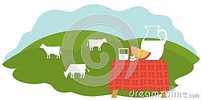 Gardening, farm: Natural fresh products - milk, kefir, cream, cheese. Vector Illustration