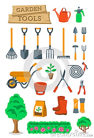 Gardening farming tools and instruments flat vector icons Vector Illustration