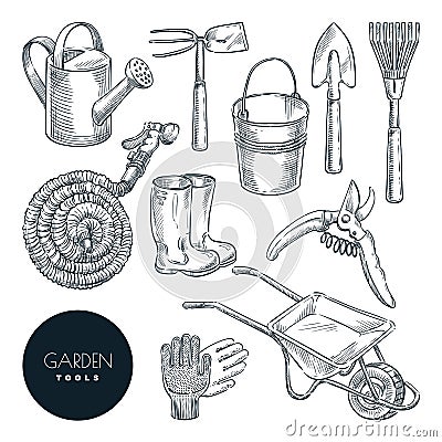 Gardening and farming tools set. Agriculture equipment, vector sketch illustration. Garden icons and design elements Vector Illustration