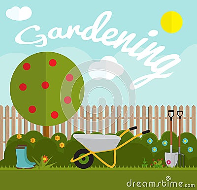 Gardening Flat Background Vector Illustration. Garden Tools, Tree, Fence and Bush on Natural Background. Illustration in Modern F Vector Illustration