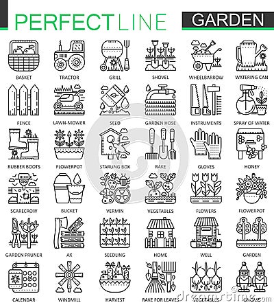 Gardening and flower outline concept symbols. Perfect thin line stroke icons. Modern linear style illustrations set. Vector Illustration