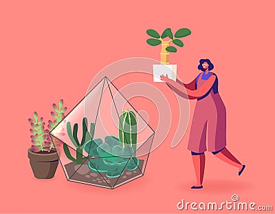 Gardening, Flowers Planting Hobby. Woman Growing Plants in Terrarium Concept. Female Character Grow Cacti and Succulents Vector Illustration