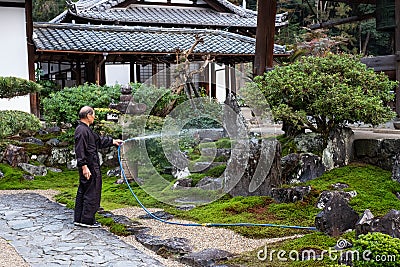 Gardening in the garden court of Koshoji Temple Editorial Stock Photo