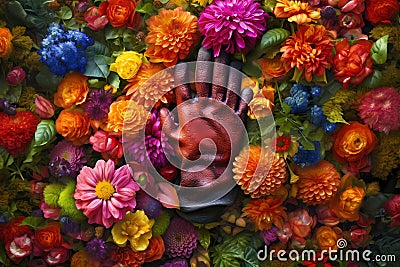 A gardening glove finds its place amidst a sea of vibrant blossoms (Generative AI) Stock Photo