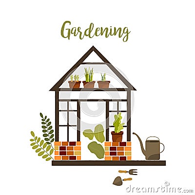 Gardening, green house with plants isolated composition, caring for sprouts, hobby flat cartoon vector illustration. Vector Illustration