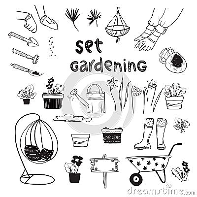 Gardening hand drawn big set. Home plants, watering can, garden chair, spring flowers, working hands, seeds, spring field work, fl Cartoon Illustration