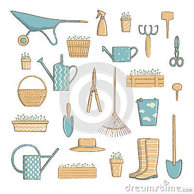 Gardening icon set. Collection of useful horticulture tools spade, hat etc. cartoon vintage style, vector illustration. Vector Illustration