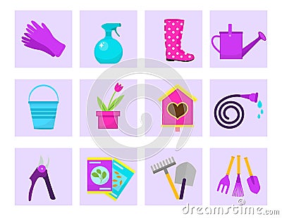 Gardening icon set, flat style. Garden and orchard collection tools and decoration, isolated on white background. Vector Vector Illustration