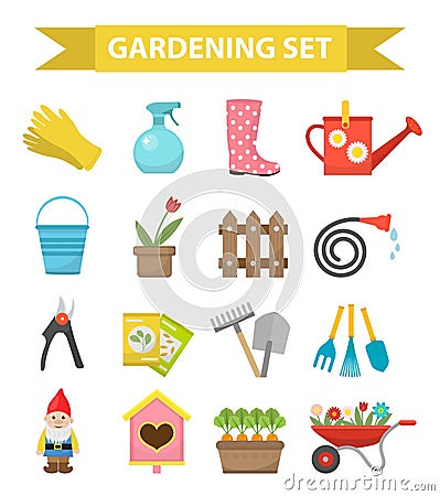 Gardening icon set, flat style. Garden and orchard collection tools decoration, isolated on white background. Vector Vector Illustration