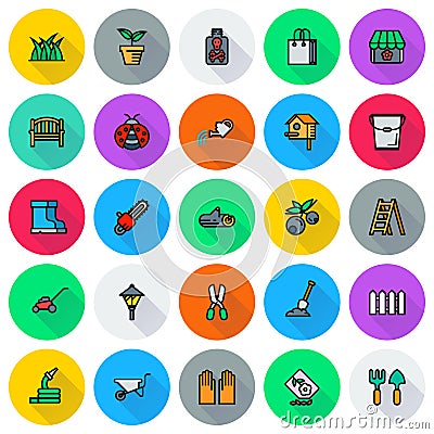 Gardening icon set On round Background Cartoon Illustration