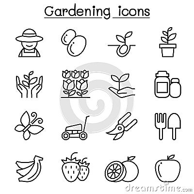 Gardening icon set in thin line style Cartoon Illustration