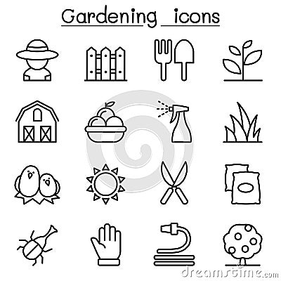 Gardening icon set in thin line style Vector Illustration