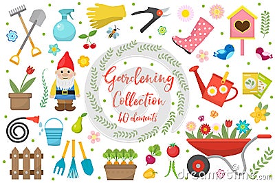 Gardening icons set, design elements. Garden tools and decor collection, isolated on a white background. Vector Vector Illustration