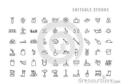 Gardening icons set. Pictograms for growing plant, flower, vegetable, fruit. Garden tools for working with seeds, soil, ground. Vector Illustration