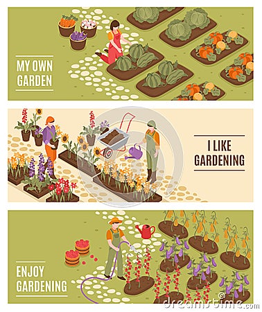 Gardening Isometric Banners Set Vector Illustration