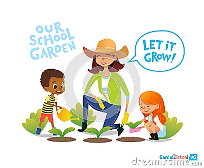Gardening with kids. Eco concept. Engaging in Montessori education activities. Organic . Vegan garden. Vector Vector Illustration
