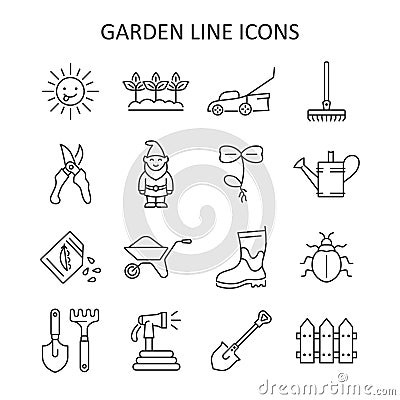 Gardening line icon set. Vector collection with seedling, garden gnome, seeds, bug, garden hose, sun, fence, sprout Vector Illustration