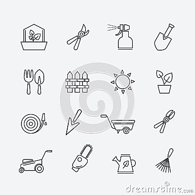 Gardening line icons. Gardener tools and garden elements outline signs. Fence secateurs, lawn mower sprayer vector Vector Illustration