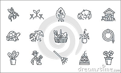 gardening line icons. linear set. quality vector line set such as flower, rake, plants, fountain, gardener, turtle, hanging pot, Vector Illustration